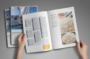 Innenseite des Sika Marine Application Guide mit Bilder zu Intarsien-Arbeiten mit Teakholz.